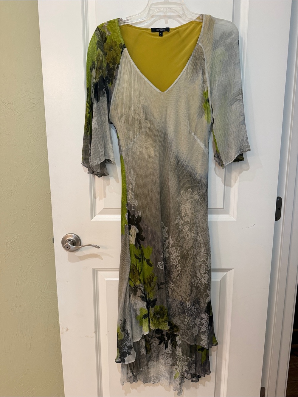 Dressori Silk Olive Green Floral V-Neck Sheath Midi Dress Feminine